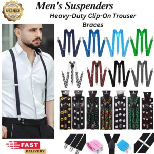 Mens clip on suspenders with heavy-duty metal clips on formal trousers
