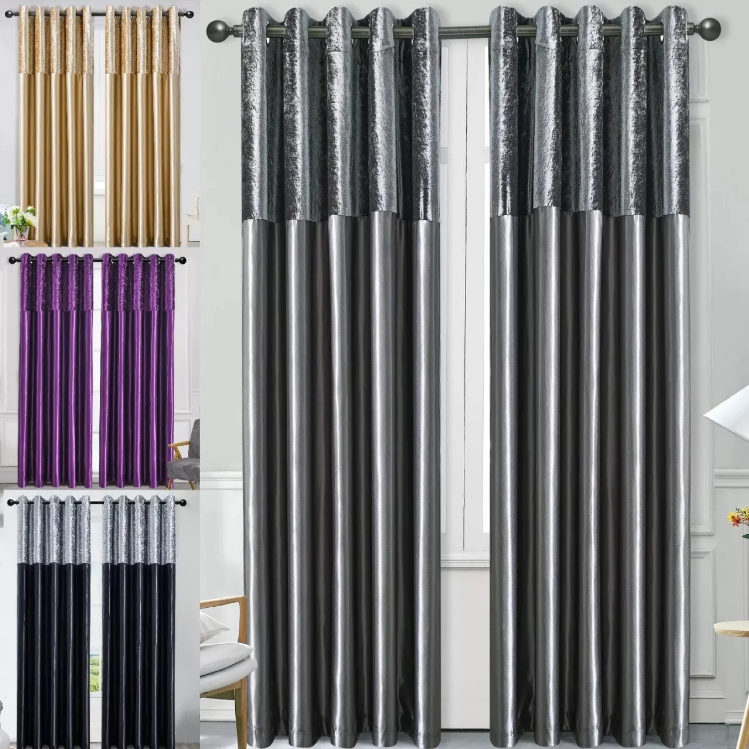 Crushed Velvet Curtains | Luxury Faux Silk, Fully Lined Eyelet Pair