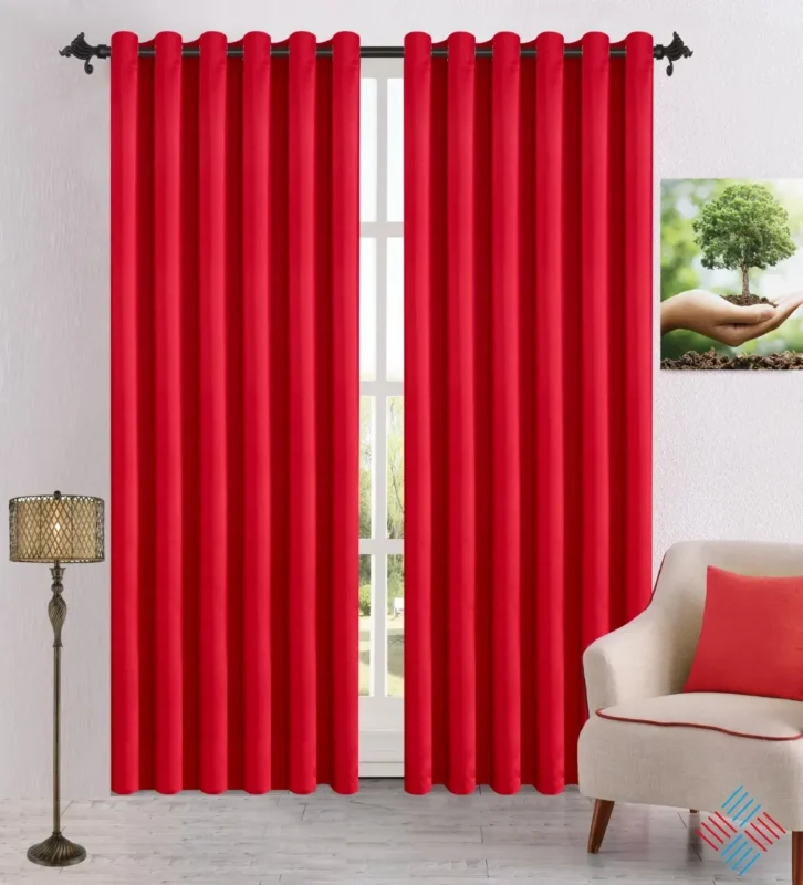 Blackout eyelet curtains hanging in modern UK bedroom